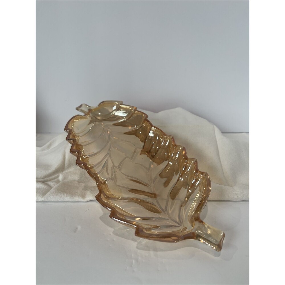Marigold Granny Core, GiGi Core Amber Carnival Glass Leaf Relish Tray